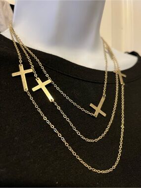 Gold-Tone Multi-Layer Cross Necklace - Women Jewelry